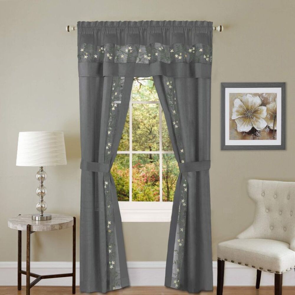 HomeStock French Flair 5 Piece Window Curtain Set - Grey - 55x84-Inch - Faux